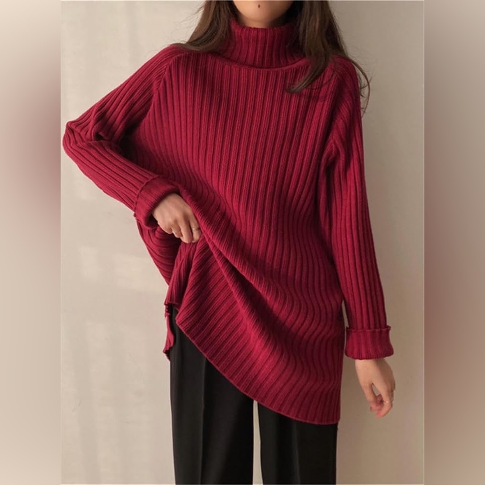 Red Pullover Over Sized Ribbed Knit Warm Relaxed Thick Cuff Sleeve Sweater